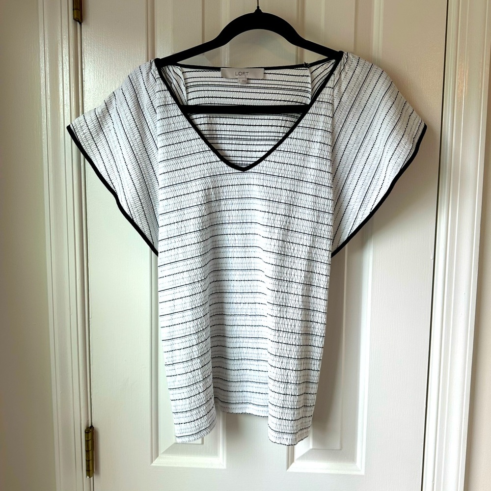 Loft Striped Black & White Flutter Sleeve V-neck Top
